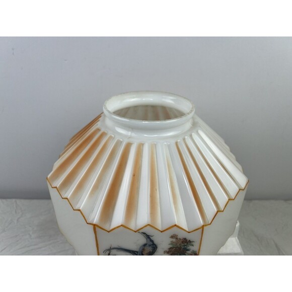 Vtg 30s Accordion Octagonal Frosted Orange‎ Birds Paradise Glass Swag Lamp Shade - Picture 7 of 16